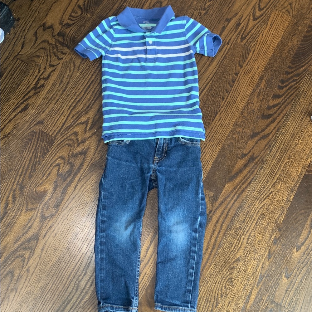 Carter's Blue and Green Striped Polo and Classic Blue Kids Jeans Set - 3T